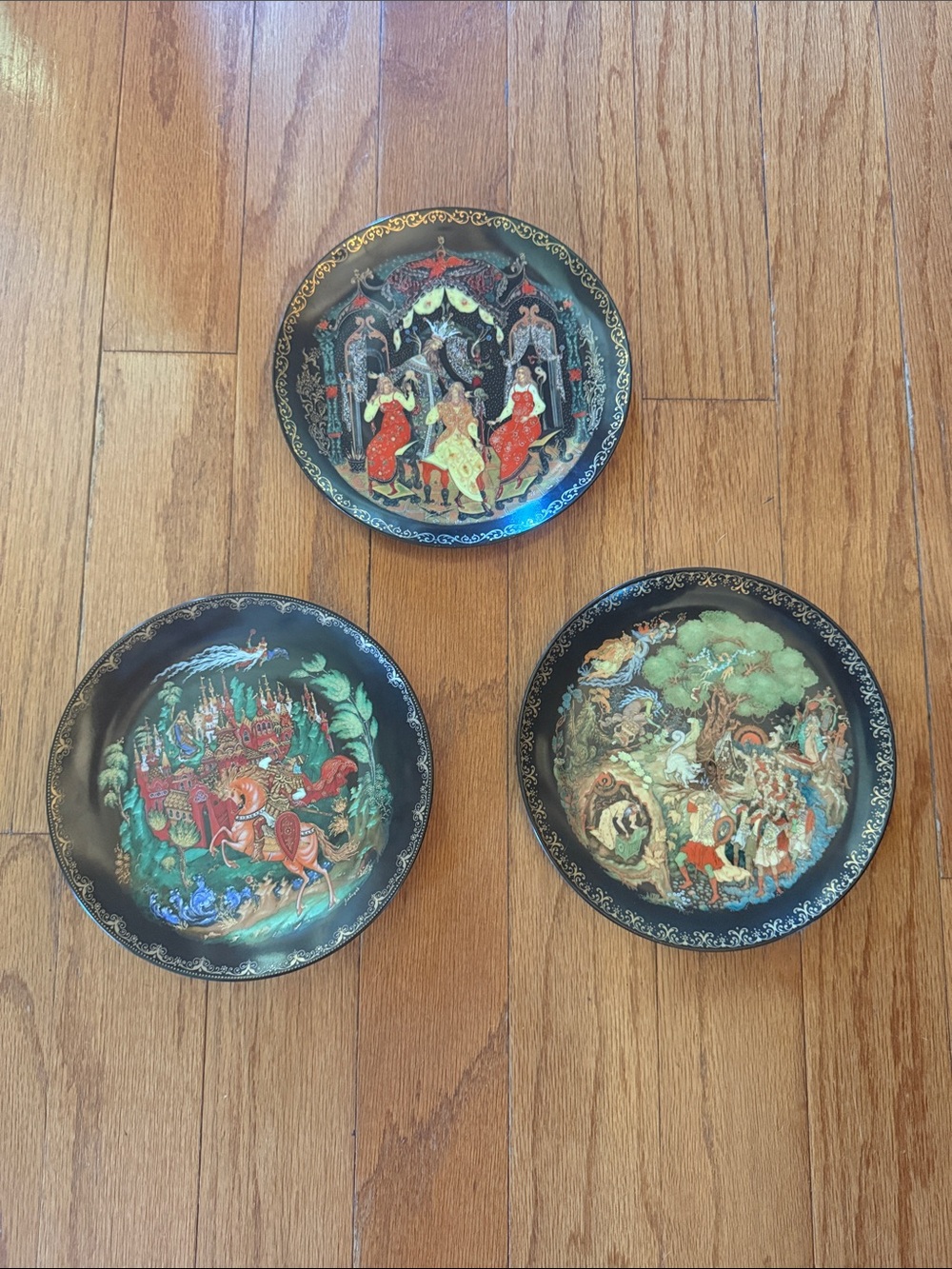 Hand-Painted Black Lacquer Decorative Wall Plates - Set of 3